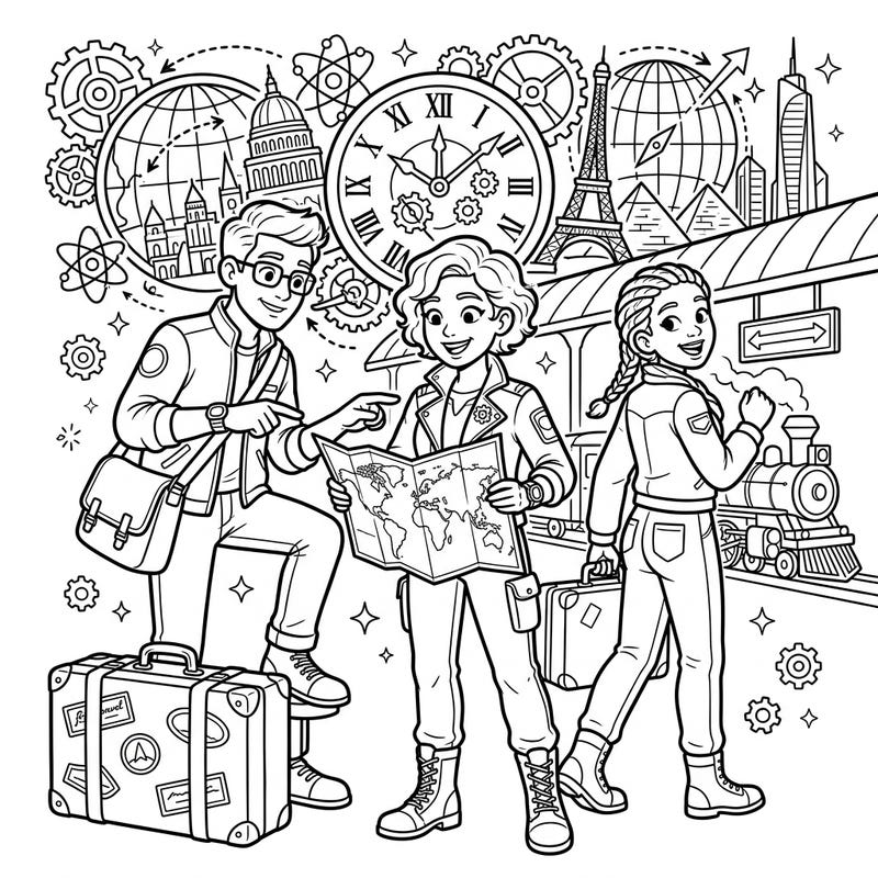 Embark on an extraordinary journey with our temporal agents as they plan their next big vacation! This detailed coloring page invites you to bring a world of time travel, global exploration, and futuristic adventure to life with your favorite colors.