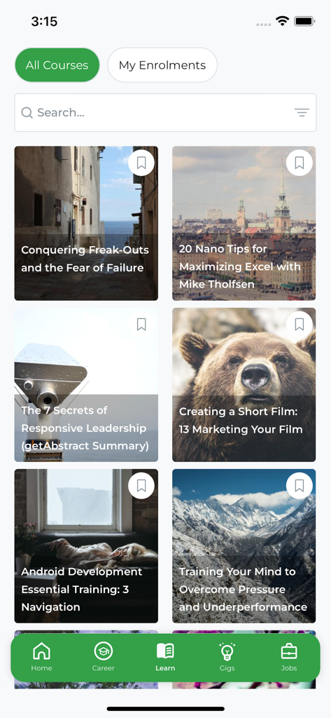 Talented - Écran de l'application mobile montrant divers cours de développement de carrière et de perfectionnement disponibles pour la croissance professionnelle