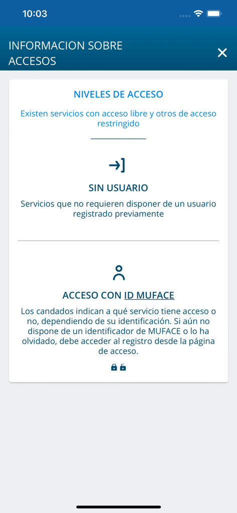 Screenshot of the Muface Movil app showing access levels and login information for civil servants.