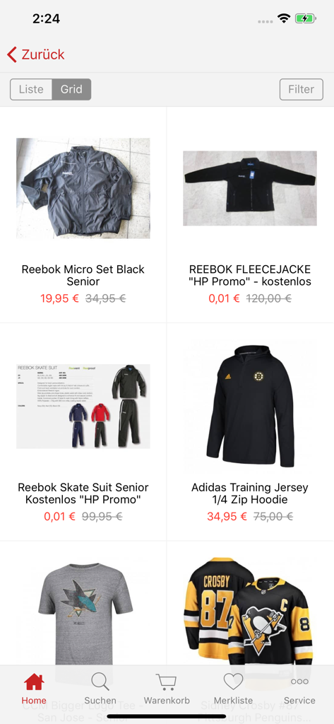 Rejilla de productos de la app móvil mostrando chaquetas, camisetas y equipamiento de equipo de hockey con precios promocionales