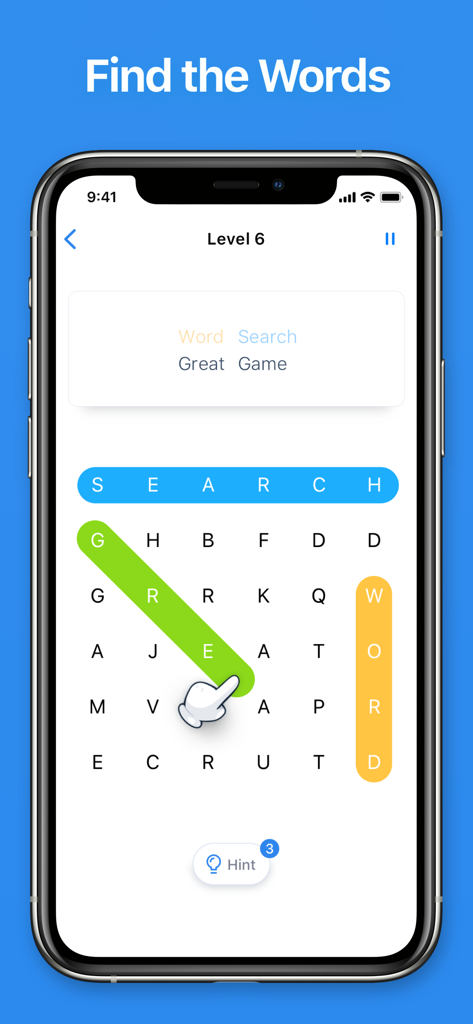 Word Search - Crossword Game - Una pantalla móvil que muestra una cuadrícula de rompecabezas de sopa de letras con la palabra 'great' resaltada en diagonal y 'word' resaltada verticalmente.