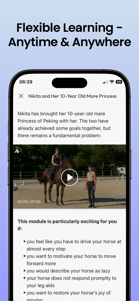 wehorse - Digital Riding Coach - A smartphone displaying the wehorse app with a horse training video and flexible learning options.