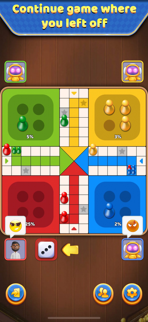 Ludo Offline: Dice Board Game - A digital Ludo board game interface showing a colorful board with tokens and progress percentages