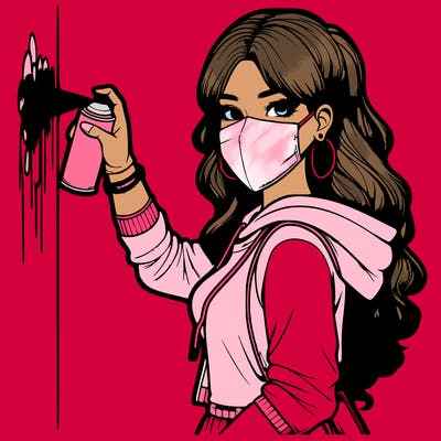 realistic girl with mask spray painting a wall