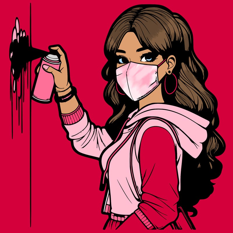 realistic girl with mask spray painting a wall