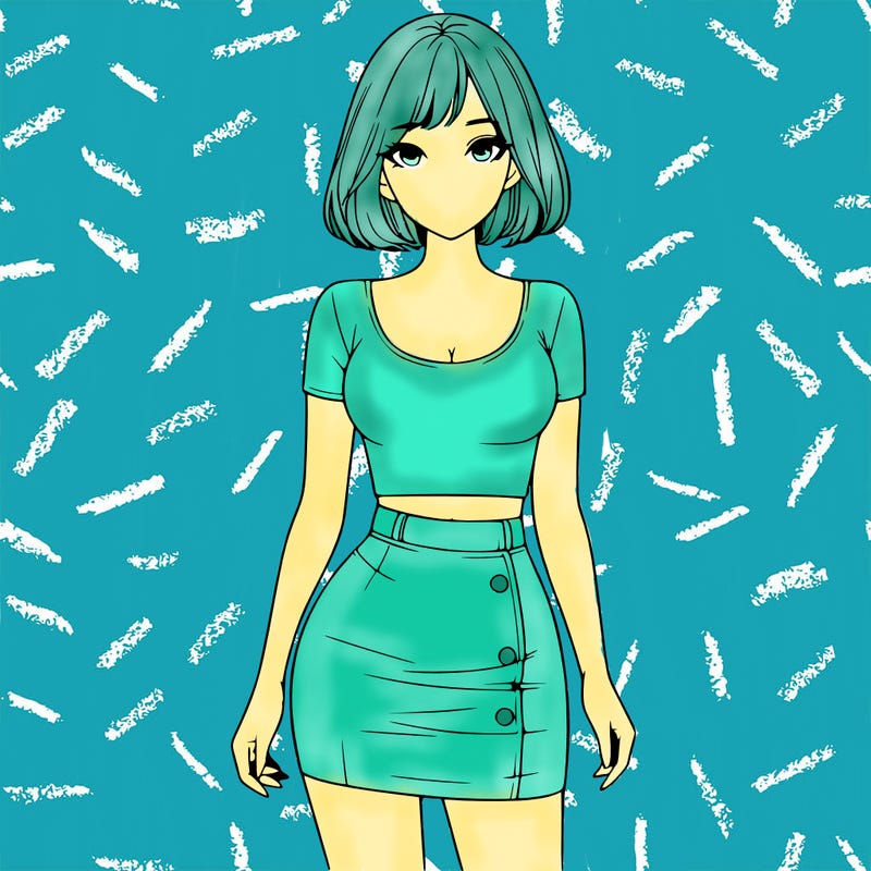 realistic woman with a bobcut wearing a mini skirt