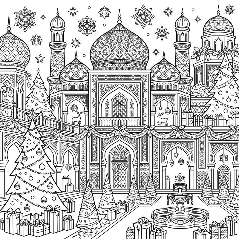 Immerse yourself in a magical Christmas celebration at a grand Sultan's Palace. This enchanting coloring page beautifully combines opulent Islamic architecture with festive holiday decorations.