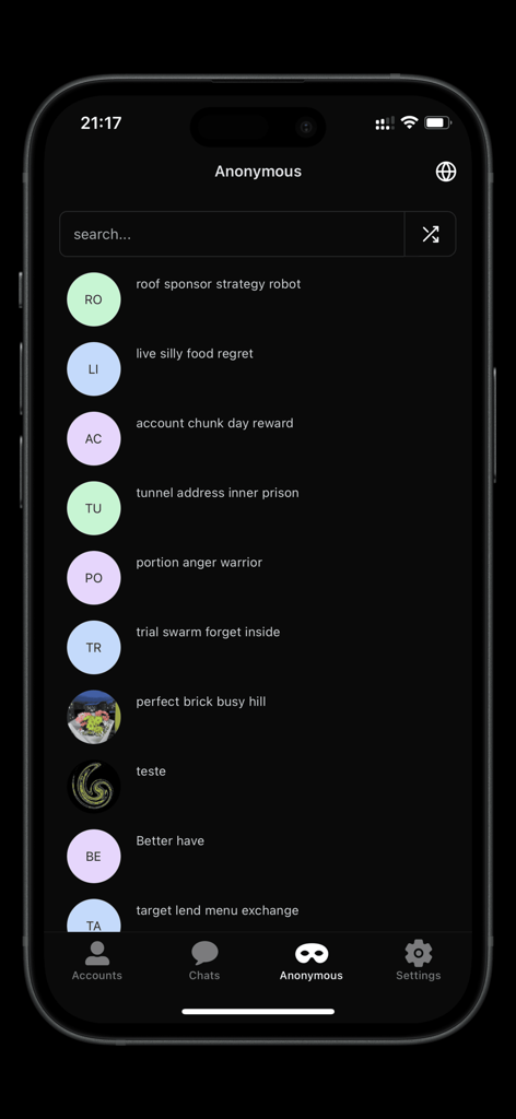 aSTRING Chaos - The anonymous chat discovery screen in the aSTRING Chaos app showing a list of users in Alien Mode with a minimalist dark interface