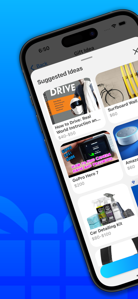 A list of curated gift recommendations including electronics and lifestyle products on the Giftly app