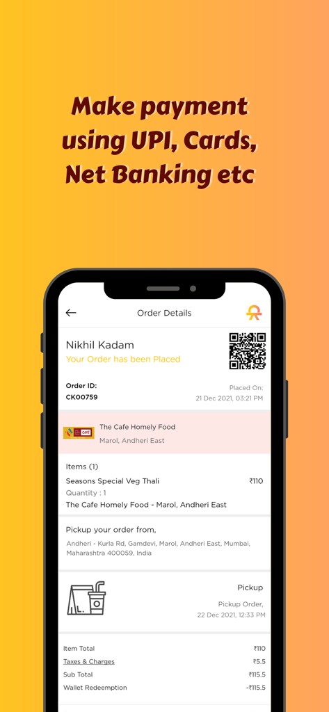 CloudKitch Food@Work - Order details screen for a meal in the CloudKitch Food@Work app showing the payment summary and pickup information.