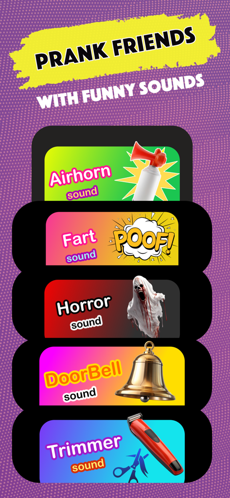 Fart Noise & Funny Fart Sounds - Screenshot of a prank app menu featuring sound categories for air horn, fart, horror, doorbell, and trimmer.