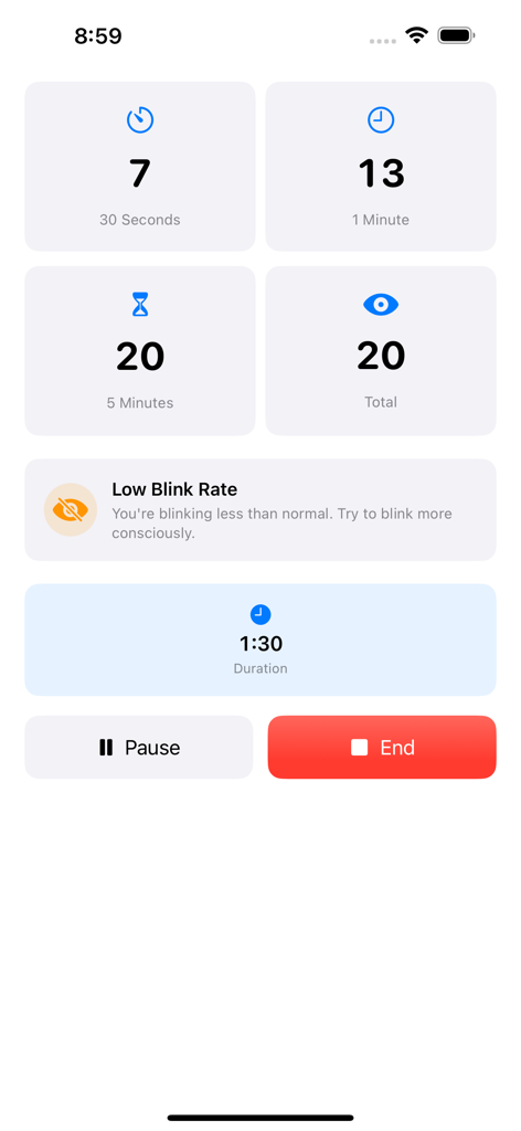 Blinky App - Interface do aplicativo Blinky exibindo monitoramento de frequência de piscar em tempo real e alertas de saúde ocular