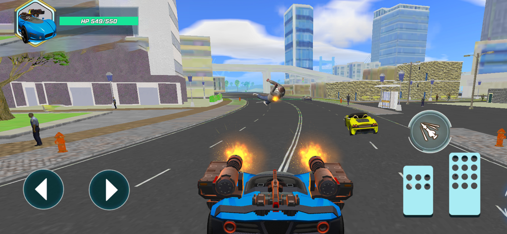 City War: Street Battle - City War Street Battleの街の通りを走行する二連装火炎放射器を搭載した青い戦闘車両