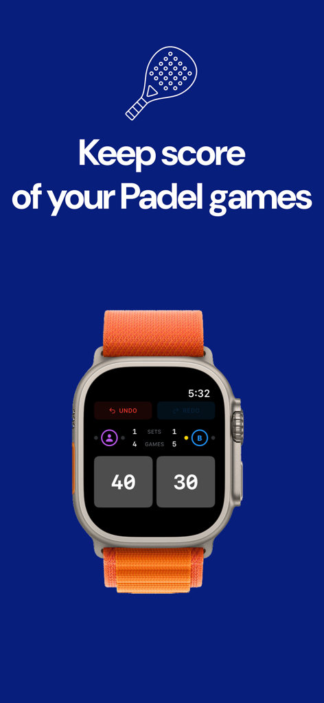 Padel Tally - Scoring Tracking - Padel Tally App-Oberfläche auf einer Apple Watch Ultra, die einen Spielstand von 40 zu 30 anzeigt