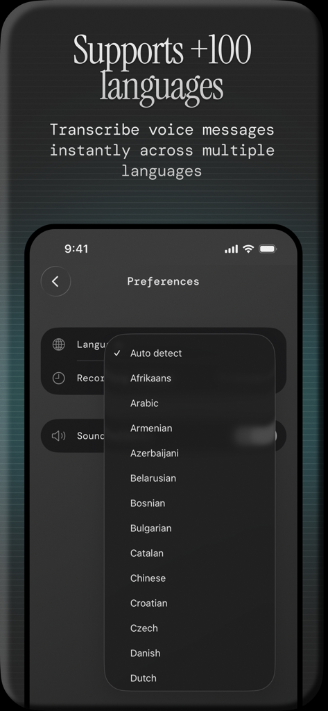 Monologue: Smart Dictation - Monologue app interface showing language preferences and a selection list of over 100 supported languages for voice transcription