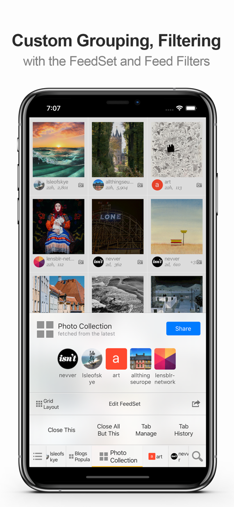 A screenshot of the MultiTab for Tumblr app interface displaying custom feed grouping and filtering options