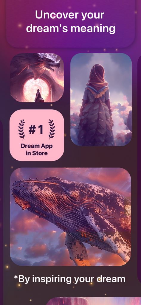 Dream Book: Journal & Analysis - Interfaz de la aplicación Dream Book que muestra texto de interpretación de sueños y visuales artísticos de sueños generados por IA