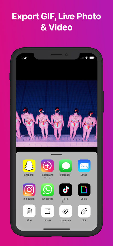 Giftr - GIF Maker - Giftr app interface showing options to export and share GIFs or videos to social media platforms like Instagram TikTok and Snapchat