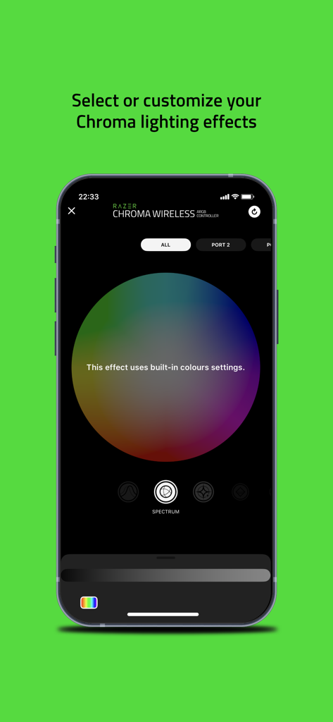 Capture d'écran de l'application Razer Chroma RGB présentant une roue chromatique pour personnaliser les effets d'éclairage
