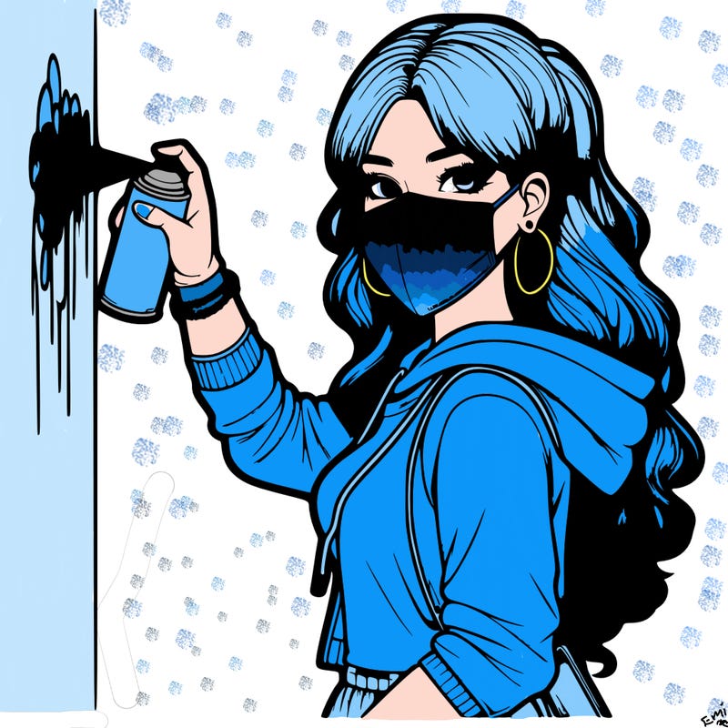 realistic girl with mask spray painting a wall