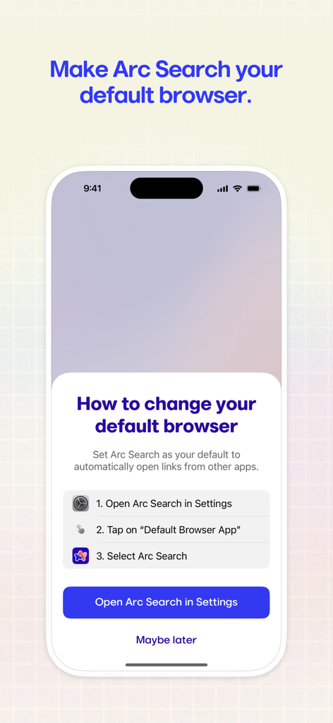 A guide on how to make Arc Search the default browser on iOS.