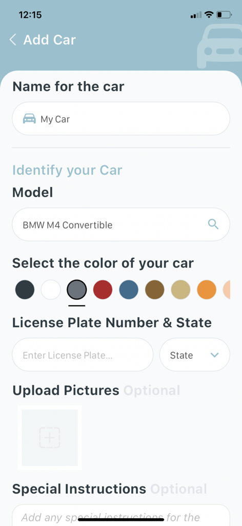 Interface for adding car details in the Shovler app to request a snow dig-out service