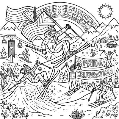 Celebrate unity and vibrant energy with our Freestyle Skiers Pride coloring page, perfect for all ages. Capture the excitement of aerial tricks and festive flags as you bring this snowy mountain scene to life with your favorite hues.
