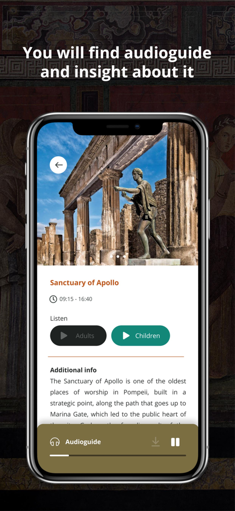 MyPompeii - Smartphone screen of MyPompeii app showing Sanctuary of Apollo details with audioguide buttons for adults and children
