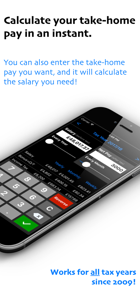 Pantalla de smartphone mostrando la interfaz de la aplicación UK Tax Tool 2025 para calcular el pago neto mensual y el salario bruto anual.