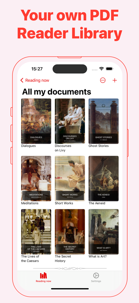 Main interface of the PDF Library app showing a grid of eBook covers on an iPhone.