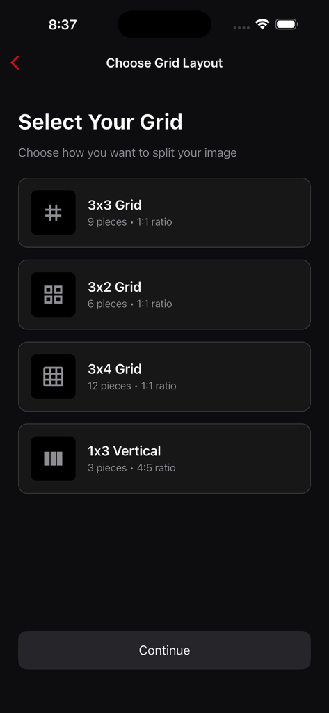Privex - Interface of the Privex app showing different grid layout options like 3x3 and 3x2 for splitting images