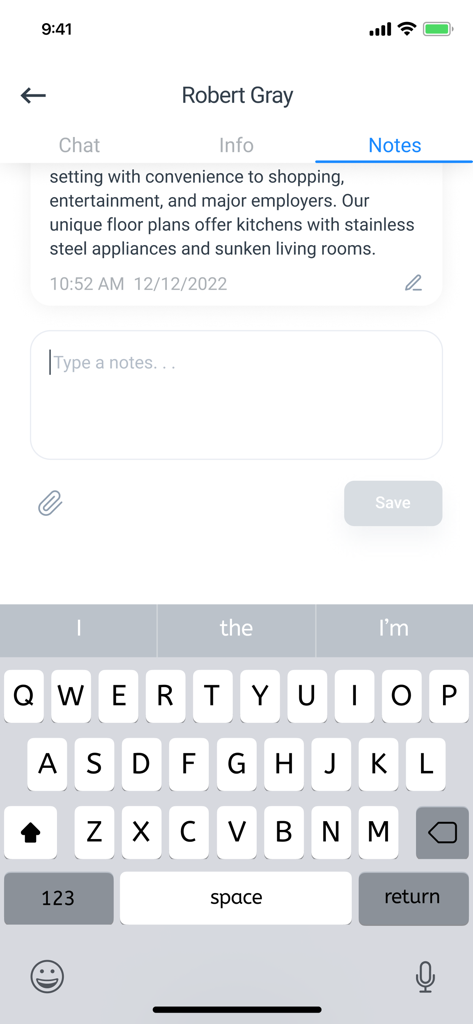 Smarter Contact - Mobile view of adding notes to a contact in the Smarter Contact CRM app