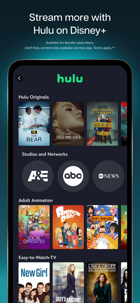 Disney+ - Interfaccia dell'app Disney Plus che mostra serie originali Hulu e integrazione di programmi TV popolari