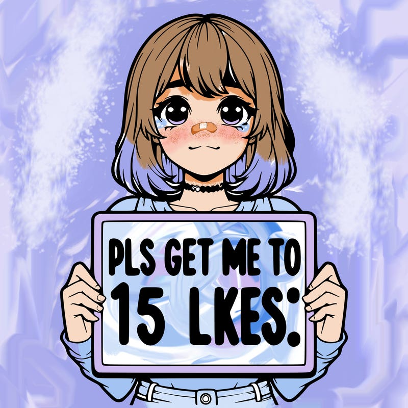 realistic girl holding up a sign that says “pls get me to 15 likes!”
