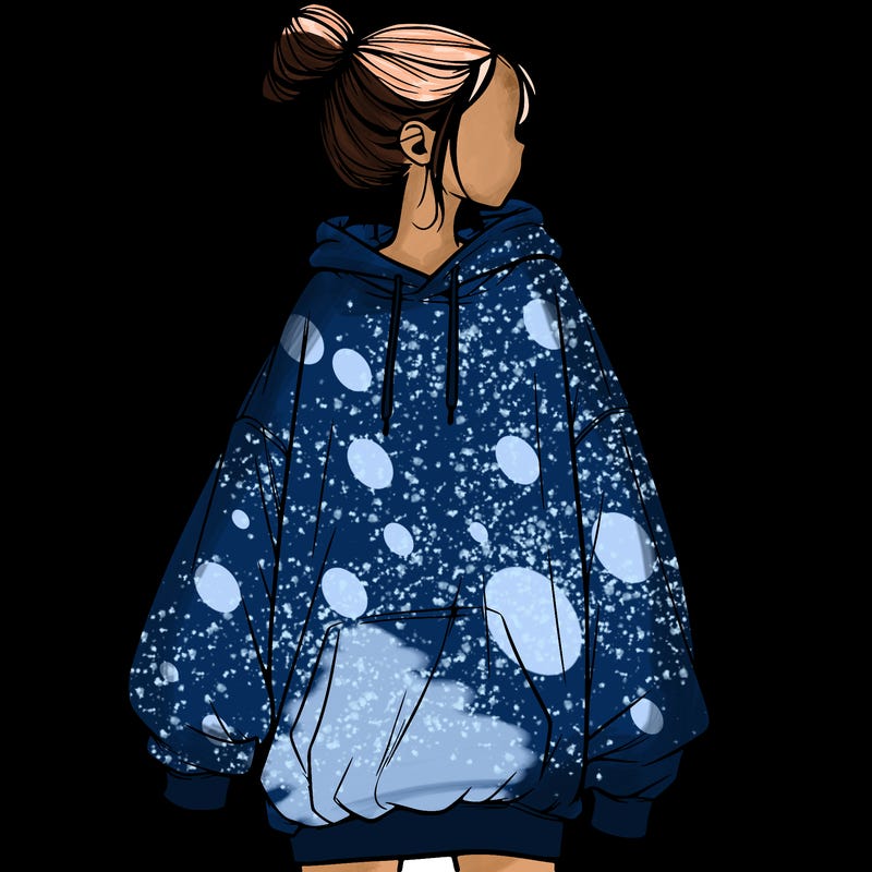realistic girl with a oversized sweatshirt on and a bun