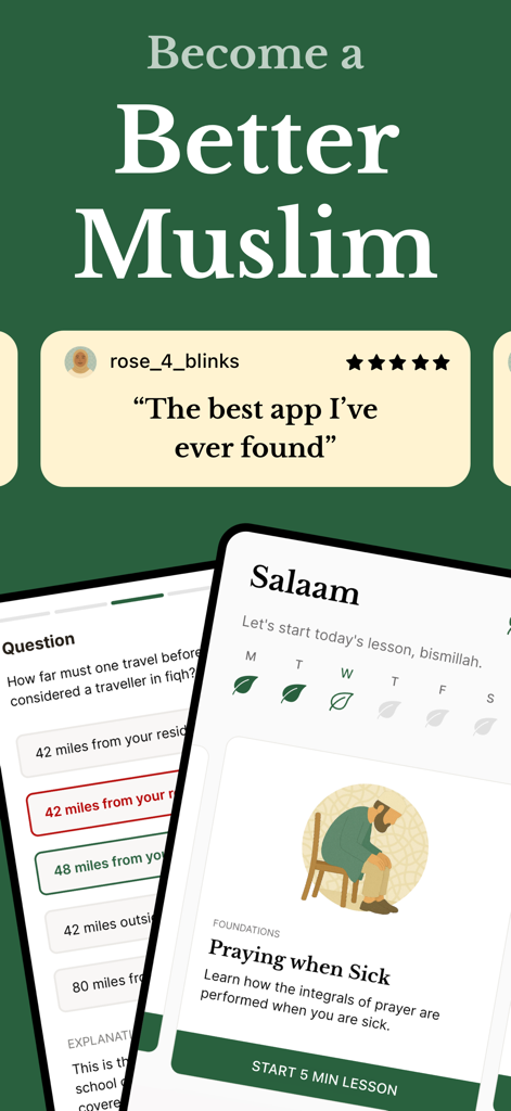 Jibreel: Learn Islam App - Uno screenshot dell'app Jibreel che mostra un modulo di apprendimento islamico sulla preghiera quando si è malati e una recensione utente a cinque stelle