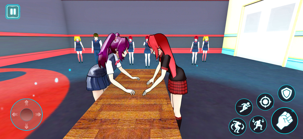 Two anime characters in school uniforms facing each other across a table in a high school simulation game.