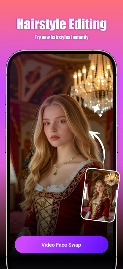 Savia AI: Style Swap&Fun Video - Savia AI mobile app screen showing hairstyle editing and video face swap features with a Renaissance style portrait