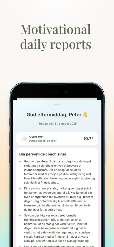 AIVITA - A mobile screen showing the AIVITA app's motivational daily reports with personalized AI coach insights.