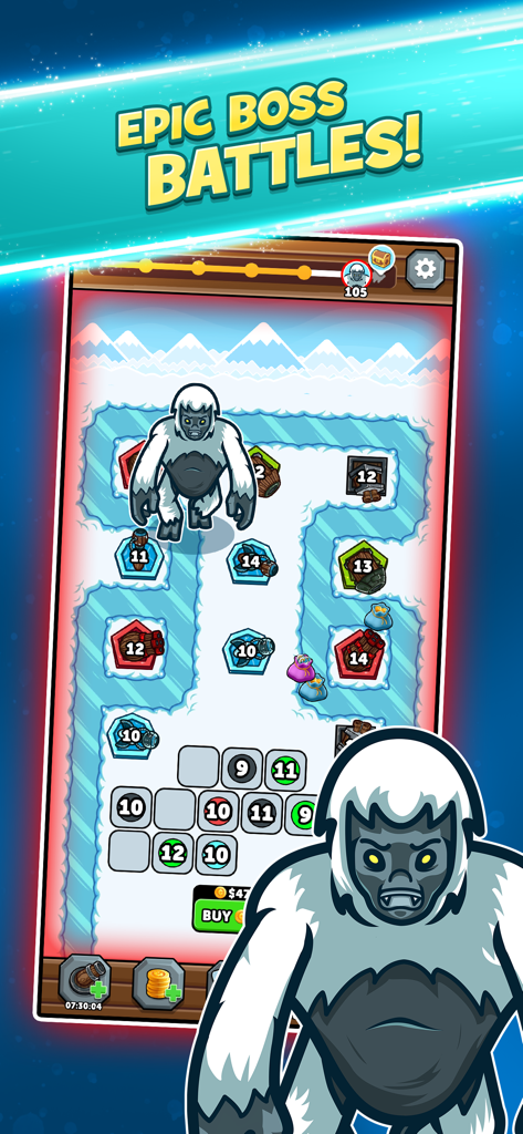 A yeti boss character on an icy level in the Merge Kingdoms Tower Defense mobile game