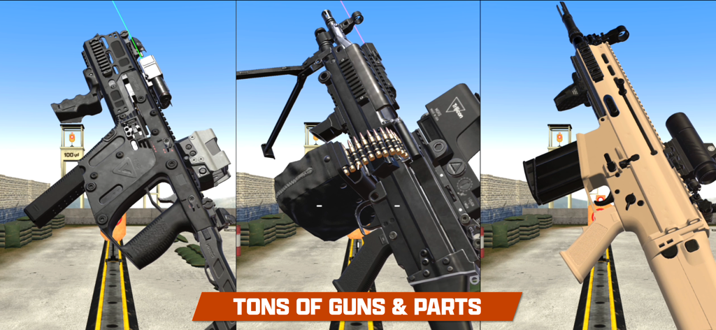 Gun Builder ELITE 2 - Three customized realistic firearms on a shooting range with the text Tons of Guns and Parts