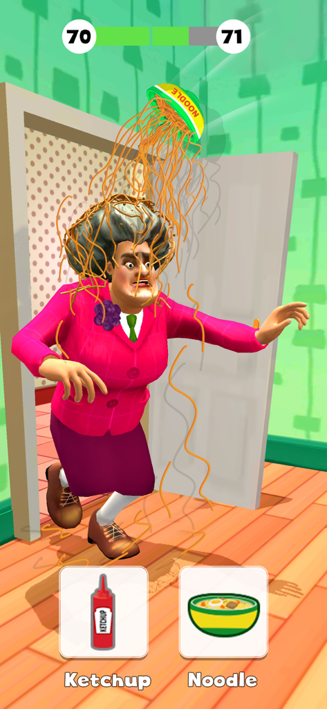 The Prankster 3D - A gameplay screenshot of The Prankster 3D showing a bowl of noodles falling on the teacher as a prank.
