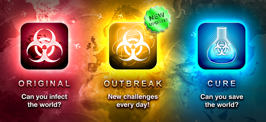Una pantalla de selección de modos de juego de Plague Inc mostrando los modos Original, Outbreak y Cure con iconos y texto descriptivos