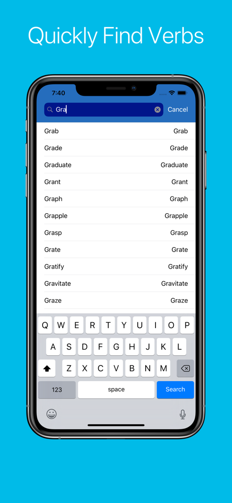 Interfaz de búsqueda de la aplicación English Verb Conjugator que muestra una lista de verbos en un iPhone.