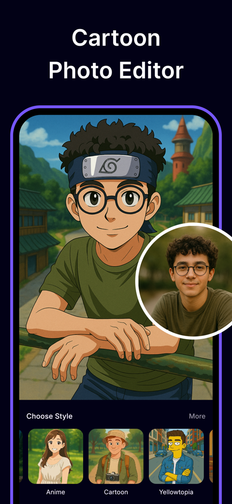 Cartoony: Cartoon Photo Editor - Interfaz de la aplicación Cartoony mostrando una foto real de un hombre transformado en un personaje de anime con opciones de selección de estilo en la parte inferior.