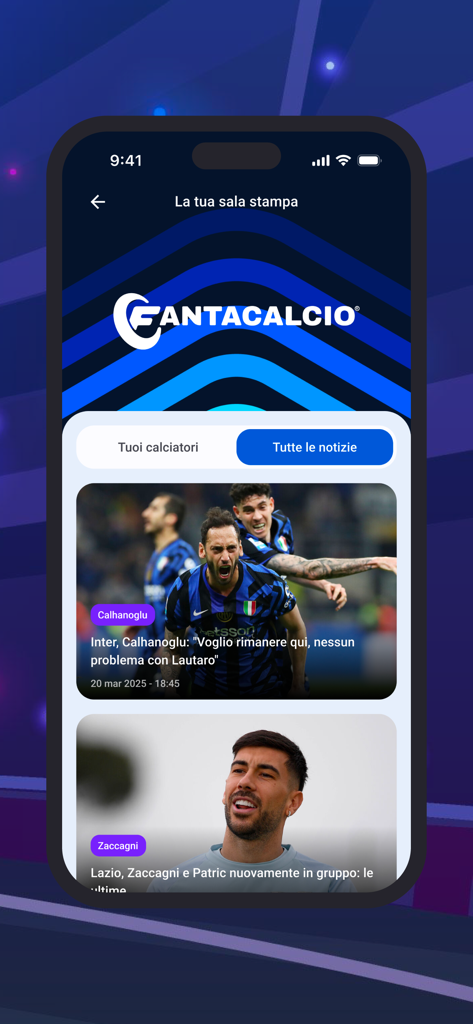 Leghe Fantacalcio app news feed with soccer headlines and player photos