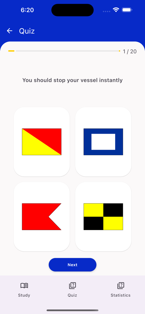 Nautical Flags Helper - Quiz screen in the Nautical Flags Helper app asking to identify the flag for stopping a vessel instantly.