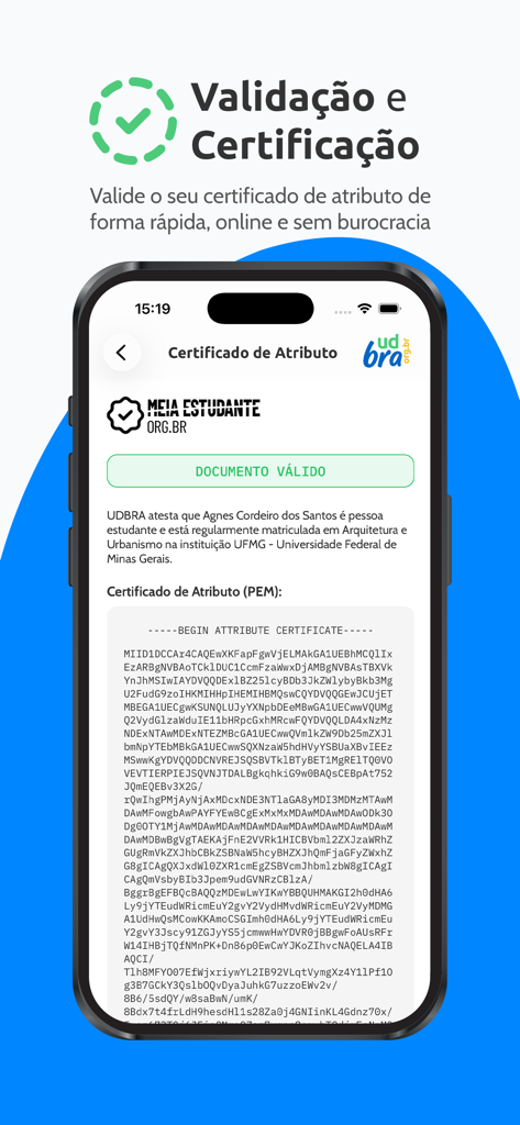UDBRA | CIE Digital - Digital student ID validation screen in the UDBRA CIE Digital app showing a valid certificate
