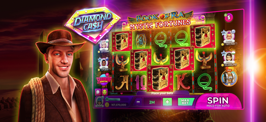 Interfaz del juego Diamond Cash Slots con la máquina tragamonedas Book of Ra Mystic Fortunes, avatares de jugadores y un personaje explorador.