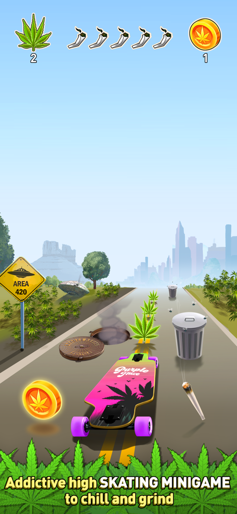 Weed Firm 2: Back To College - A longboard on a road in the Weed Firm 2 skating minigame collecting cannabis leaves and coins.